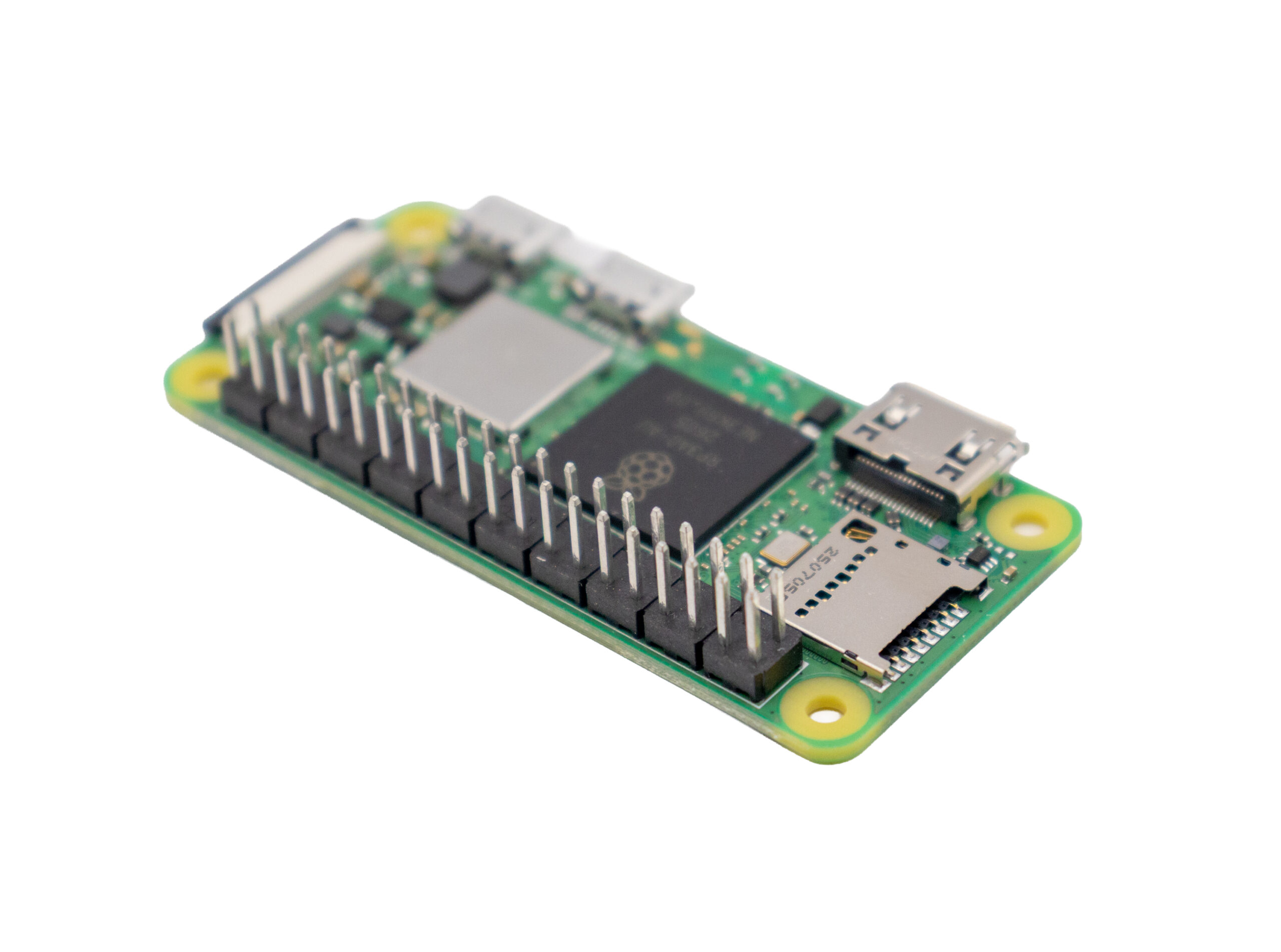 Raspberry Pi Zero 2 WH 本体(斜め、GPIOピンヘッダー実装済み)