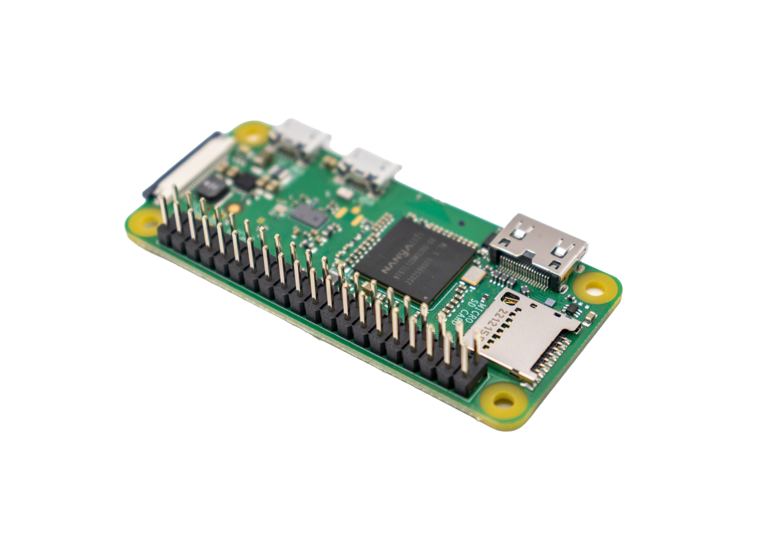 Raspberry Pi Zero WH 本体(斜め、GPIOピンヘッダー実装済み)