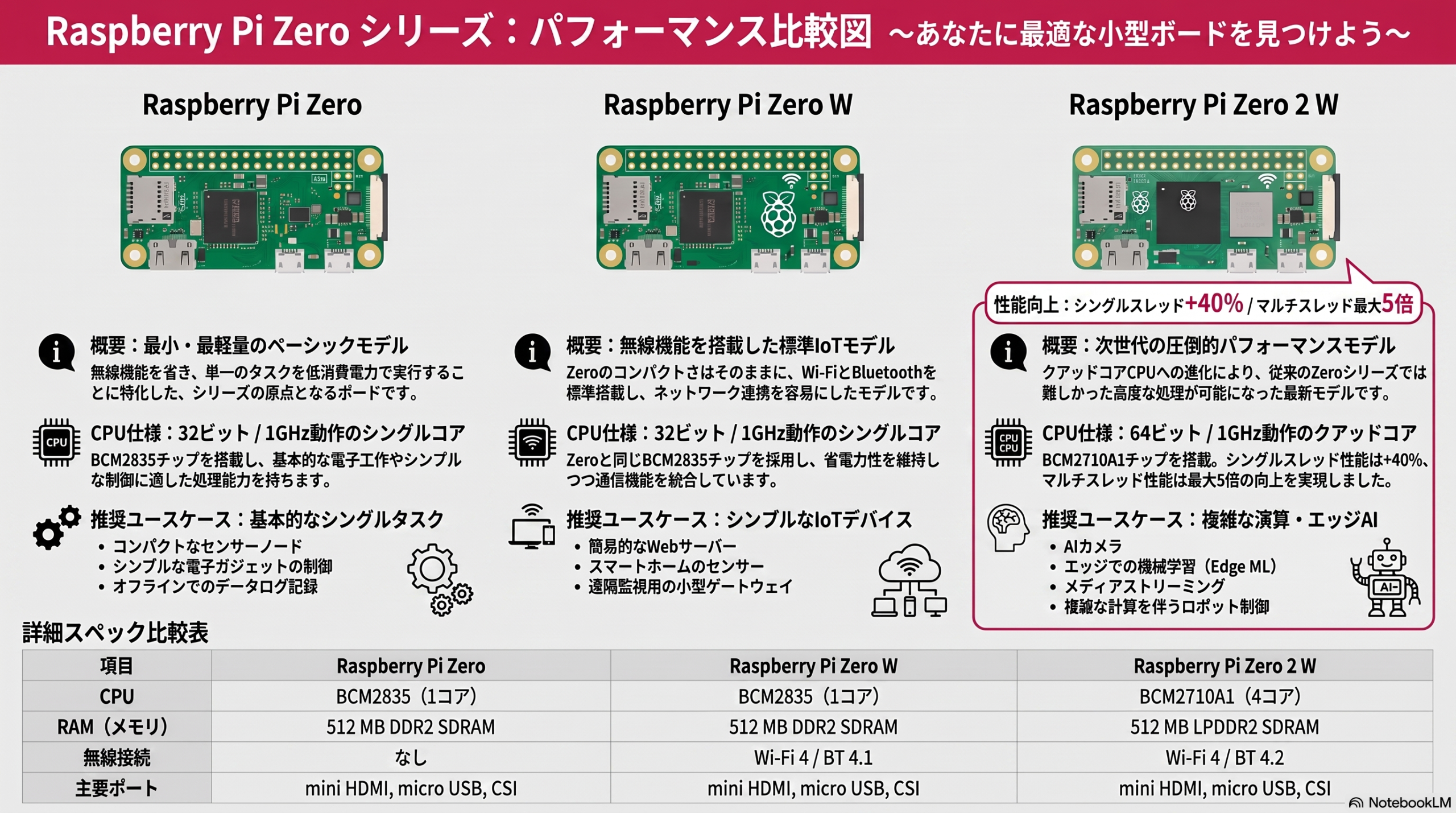 Raspberry Pi Zeroシリーズ性能比較図(Zero・Zero W・Zero 2 W)