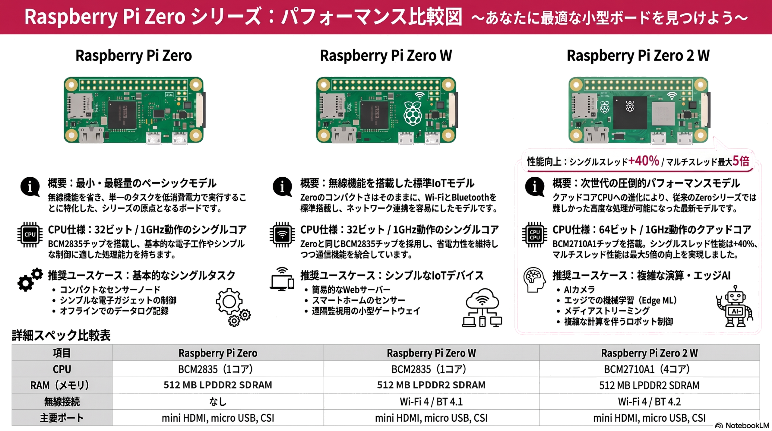 Raspberry Pi Zeroシリーズ性能比較図(Zero・Zero W・Zero 2 W)