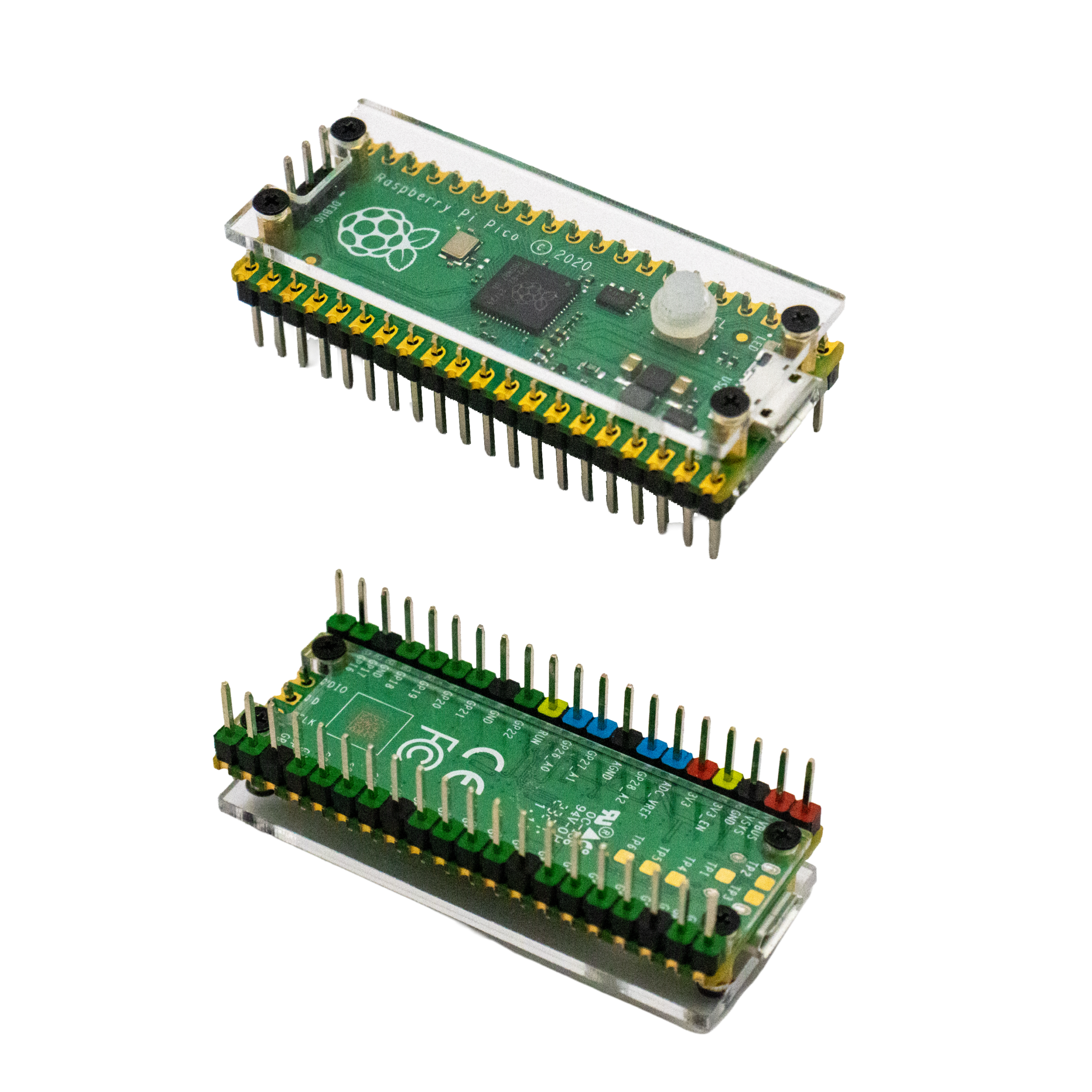 透明アクリルケース・ピンヘッダー(20ピン+3ピン)組み立てイメージ(参考、ケースD、COR-RPI-PTS-35)